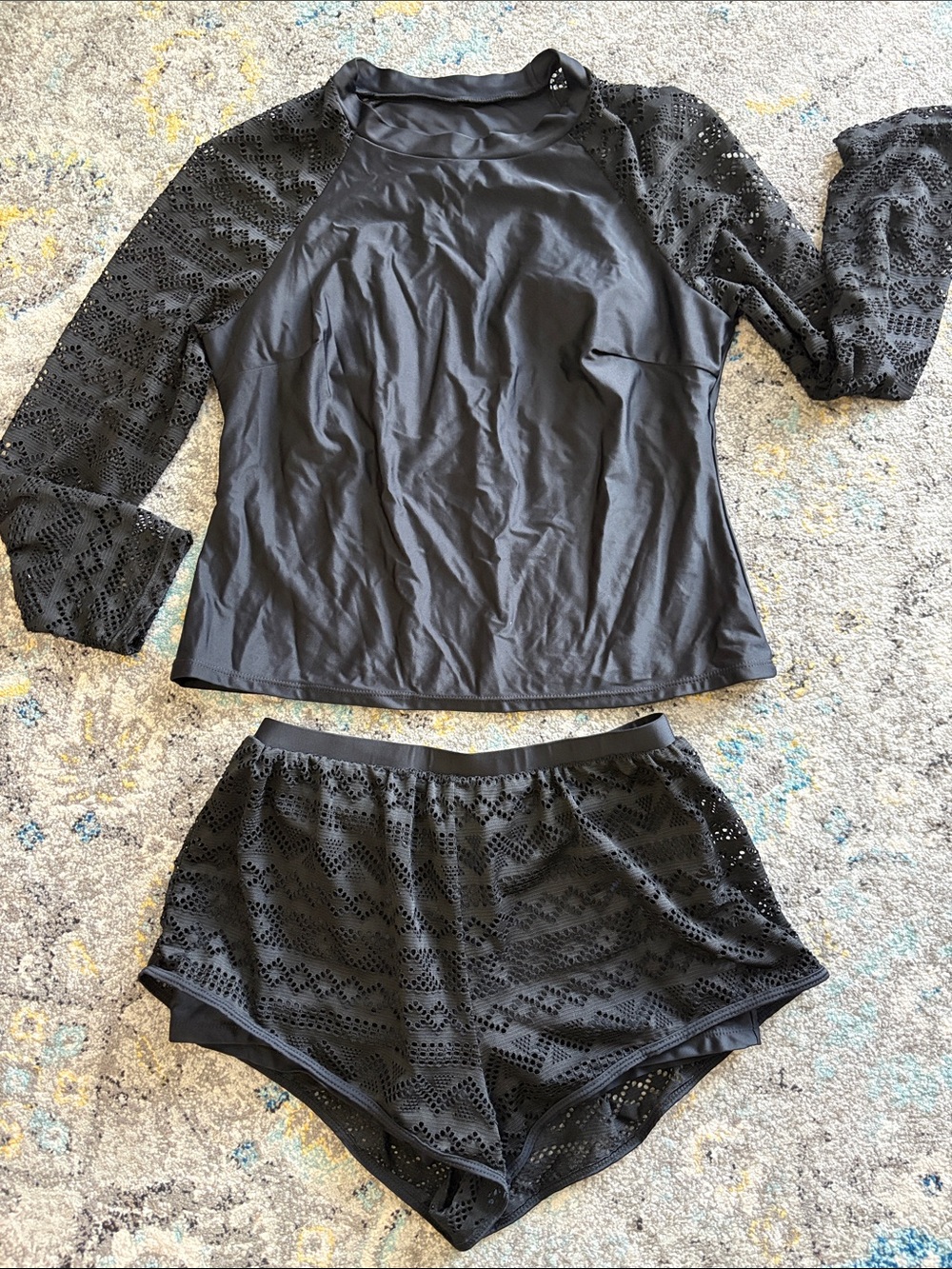 Women’s Black Lace Sleeve Rash Guard and Swim Shorts Set